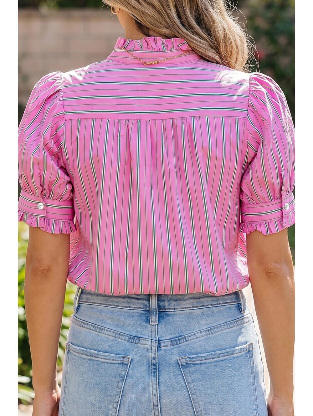 Pink Striped Ruffle Collar Button-Up Blouse - Picture 2 of 6